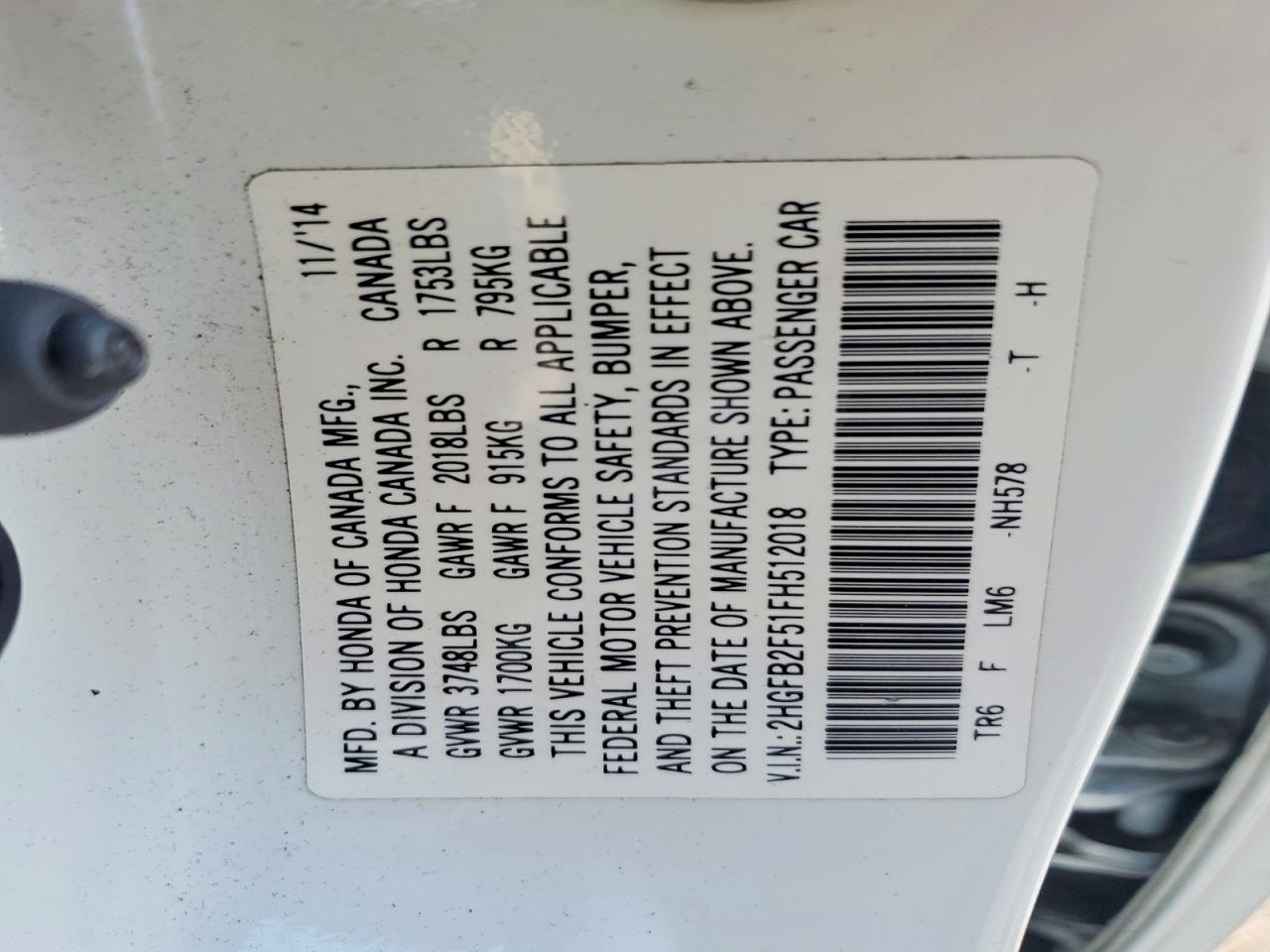 2HGFB2F51FH512018 · 2015 HONDA CIVIC · 12/12