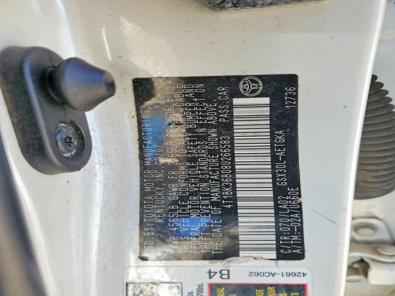 4T1BK36B08U266583 · 2008 TOYOTA AVALON · 12/12