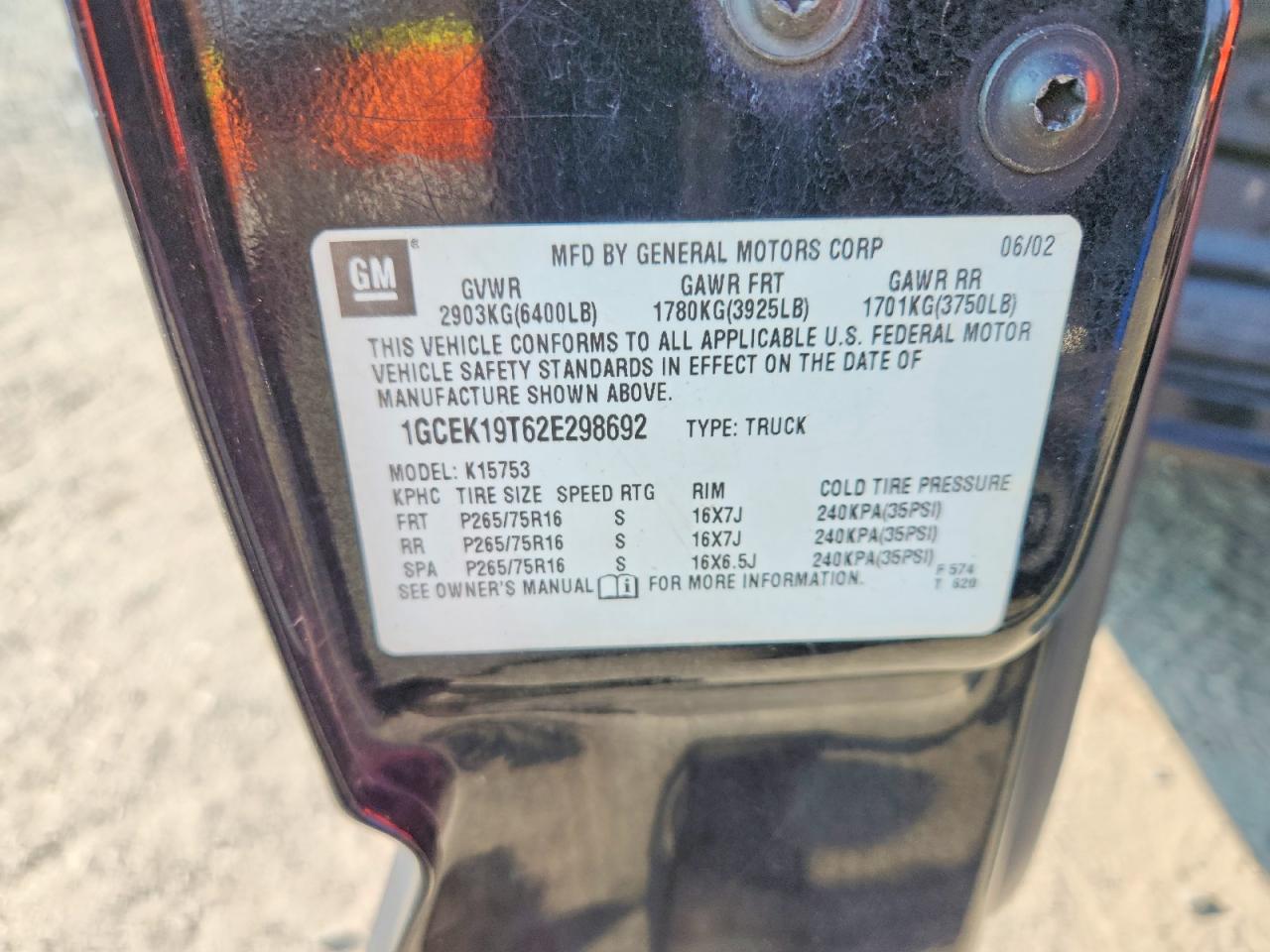 1GCEK19T62E298692 · 2002 CHEVROLET SILVERADO · 12/12