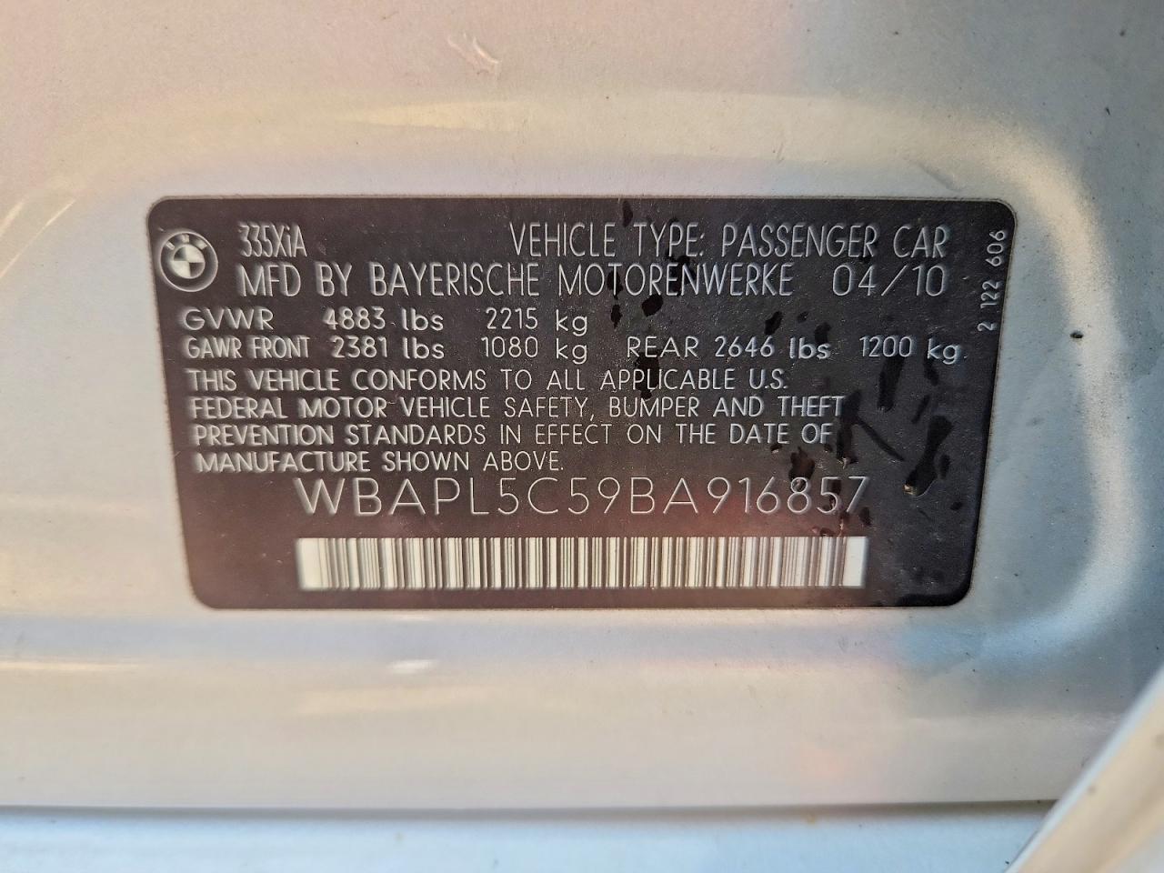 WBAPL5C59BA916857 · 2011 BMW 335 · 12/12