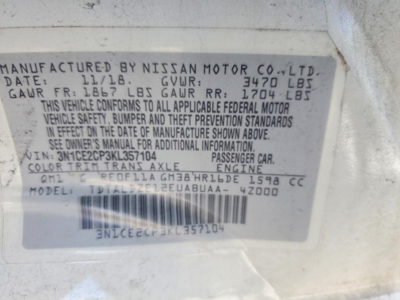 3N1CE2CP3KL357104 · 2019 NISSAN VERSA NOTE · 12/12