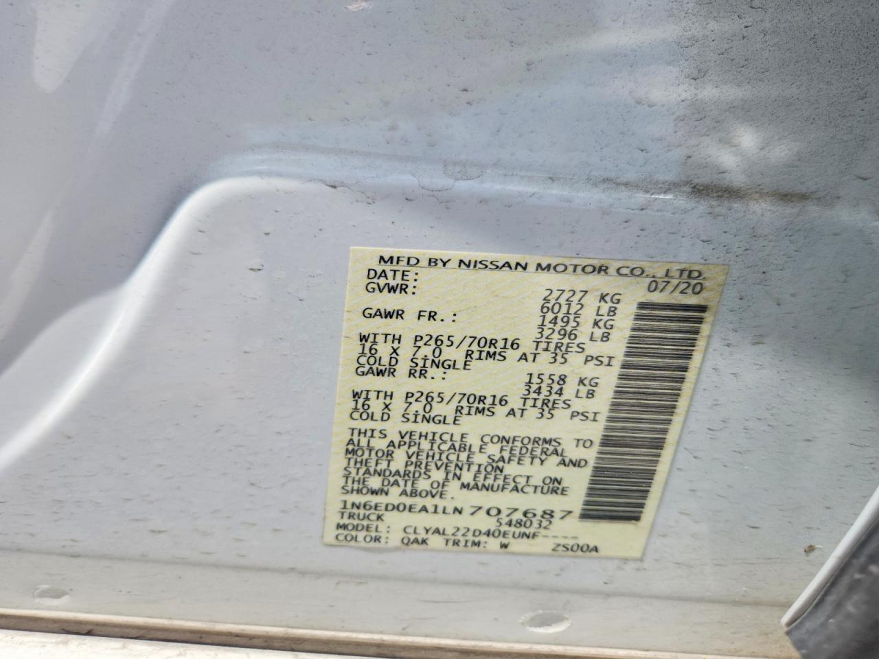 1N6ED0EA1LN707687 · 2020 NISSAN FRONTIER · 12/12