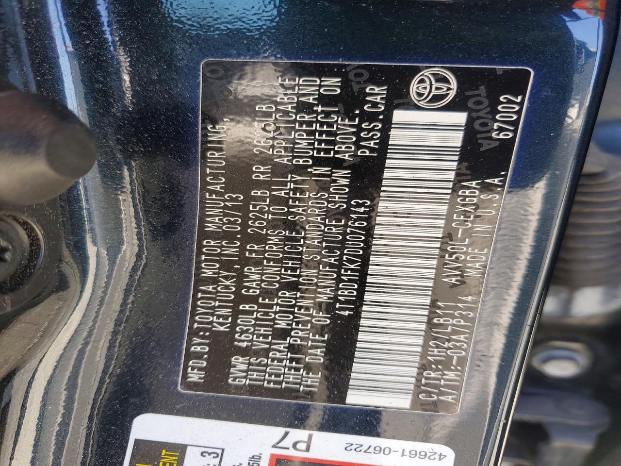 4T1BD1FK7DU076143 · 2013 TOYOTA CAMRY HYBRID · 12/12