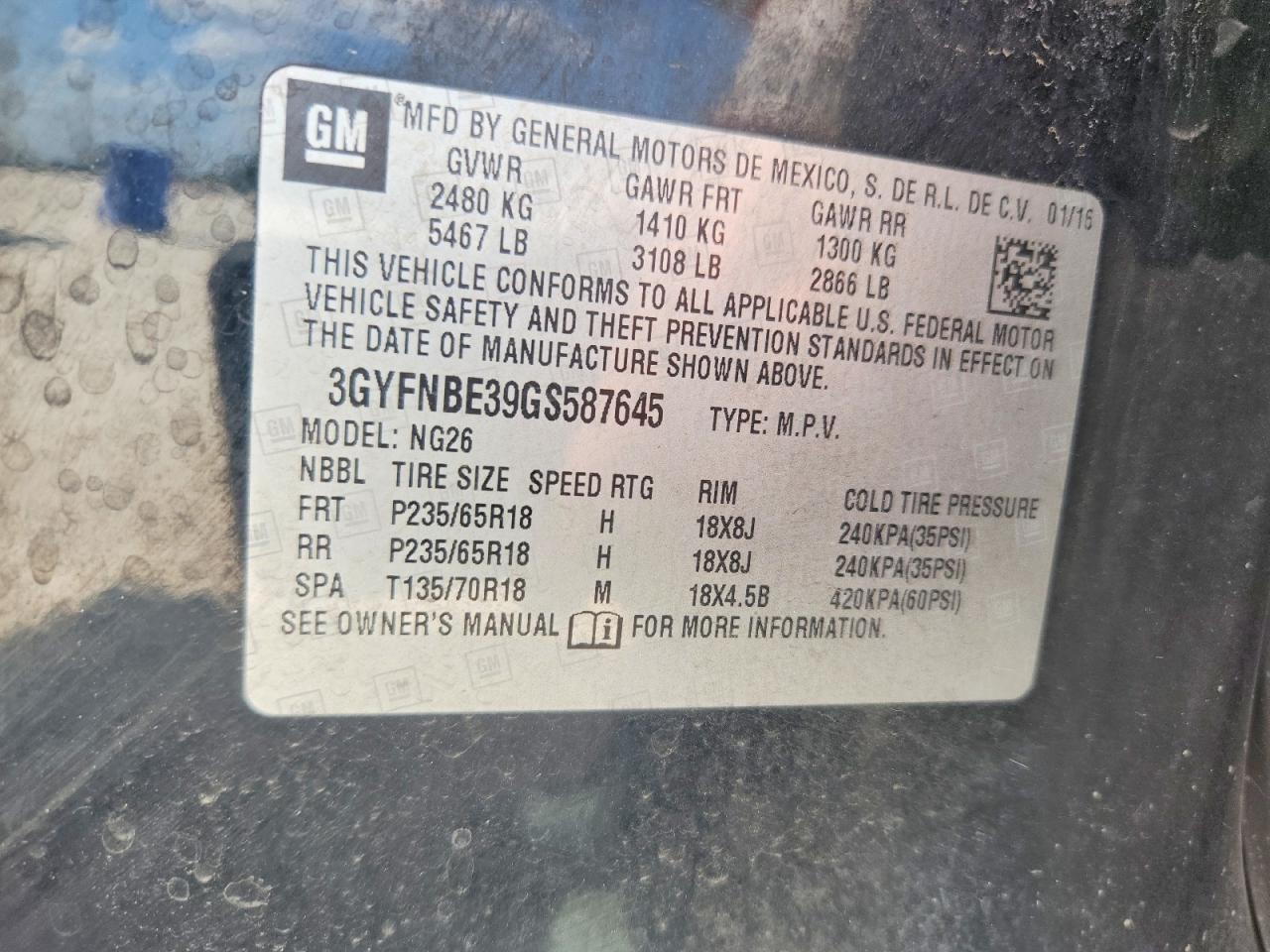 3GYFNBE39GS587645 · 2016 CADILLAC SRX · 12/12
