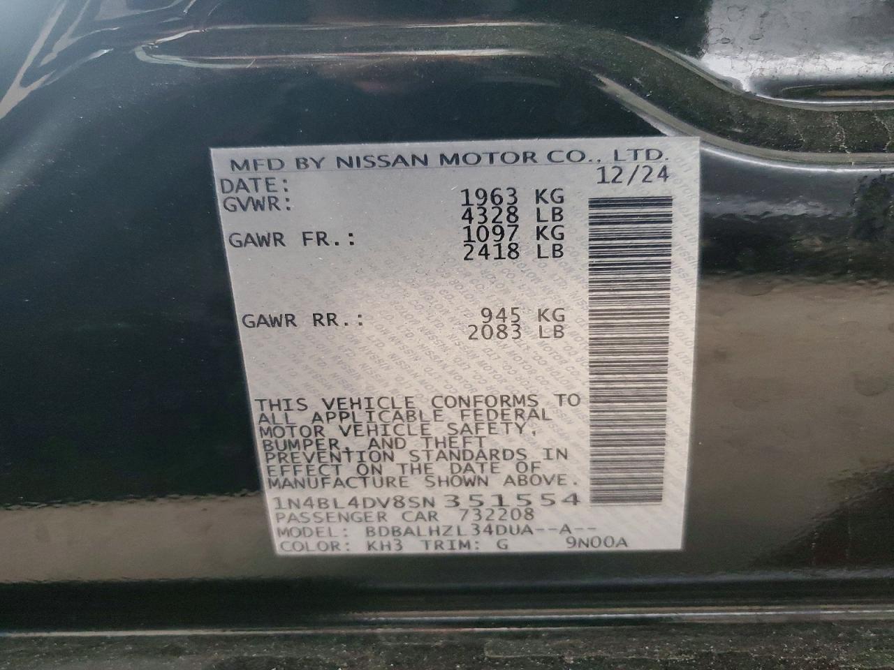 1N4BL4DV8SN351554 · 2025 NISSAN ALTIMA · 12/12