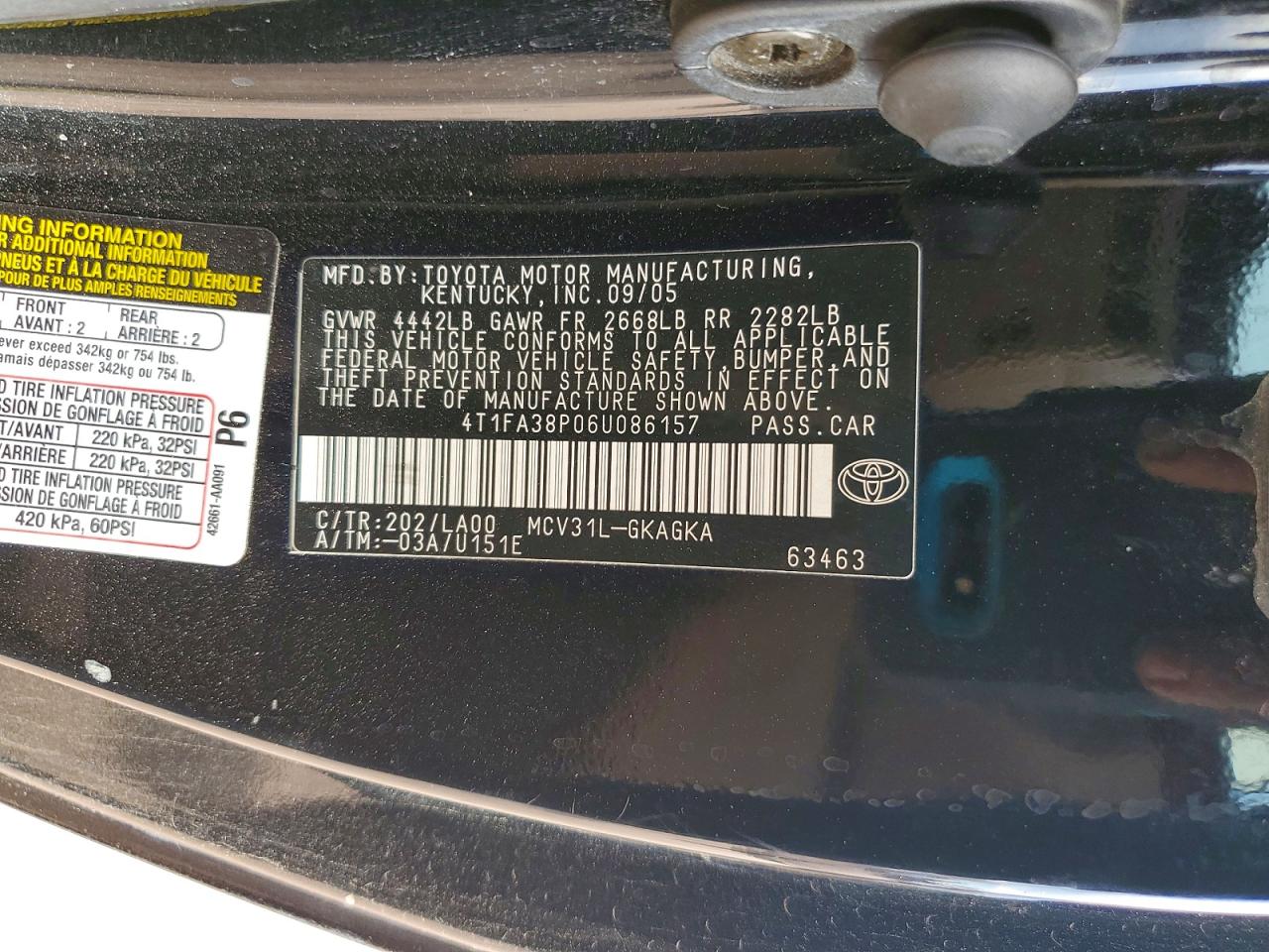 4T1FA38P06U086157 · 2006 TOYOTA CAMRY SOLARA · 12/12