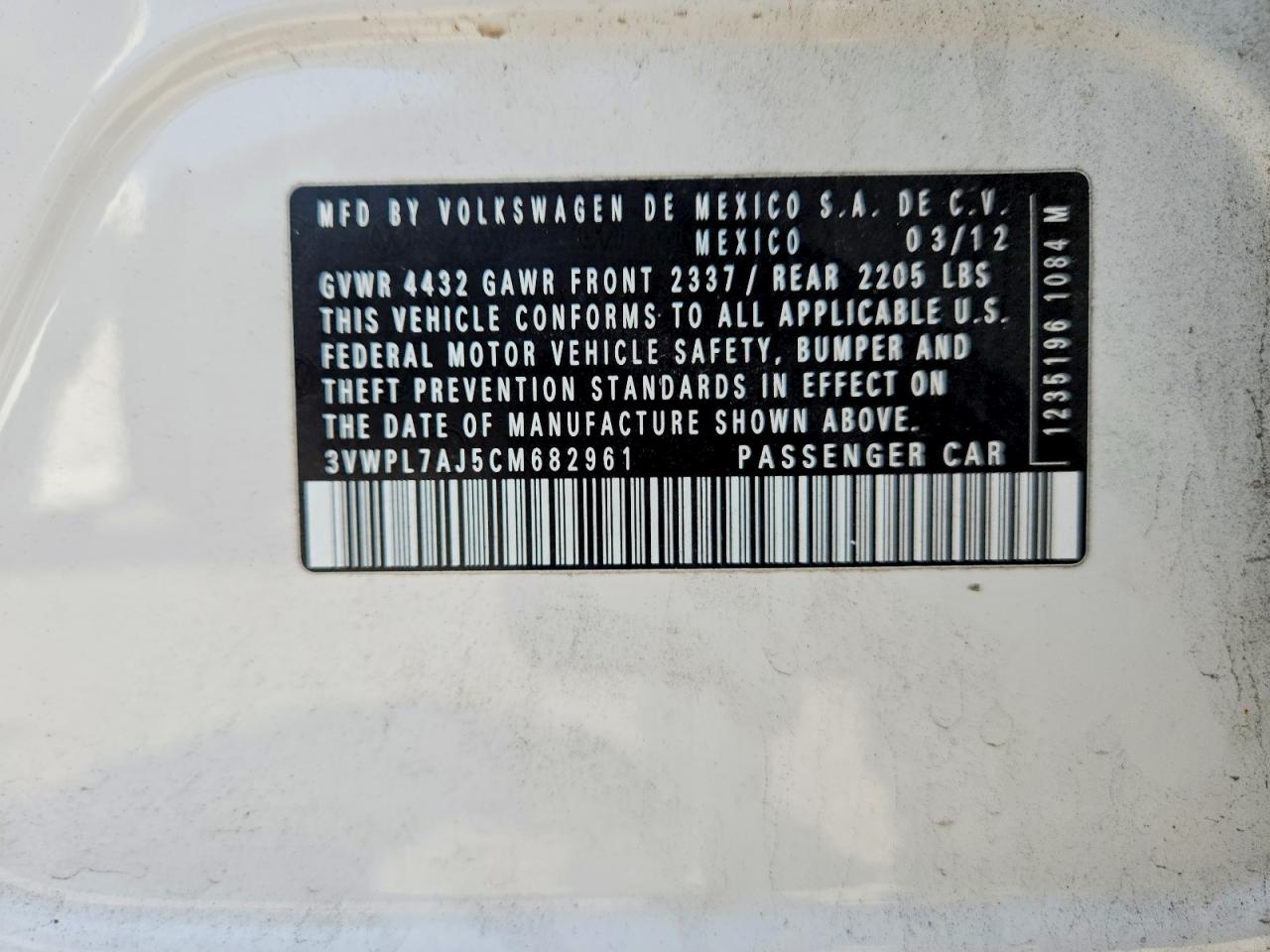 3VWPL7AJ5CM682961 · 2012 VOLKSWAGEN JETTA · 12/12