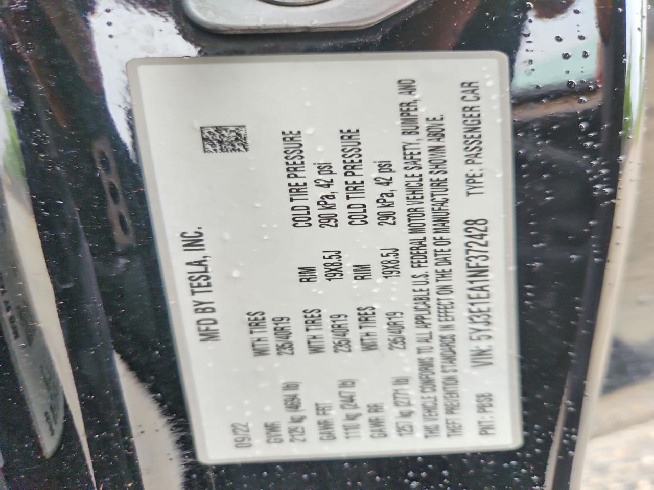 5YJ3E1EA1NF372428 · 2022 TESLA MODEL 3 · 12/12