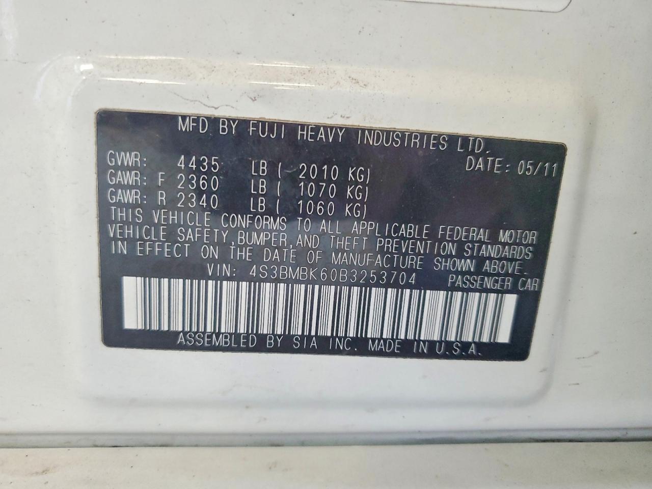 4S3BMBK60B3253704 · 2011 SUBARU LEGACY · 12/12