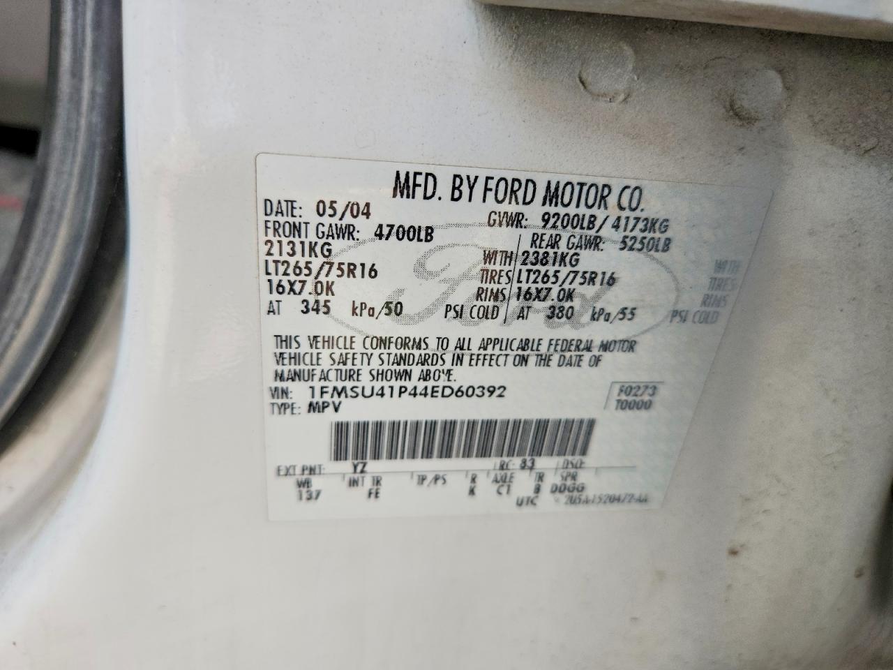 1FMSU41P44ED60392 · 2004 FORD EXCURSION · 12/12