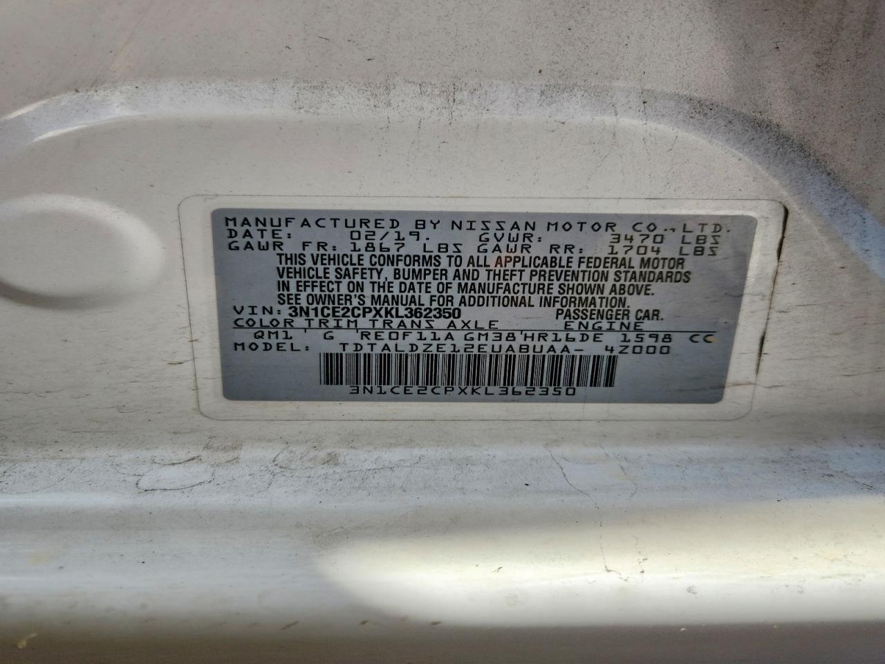 3N1CE2CPXKL362350 · 2019 NISSAN VERSA NOTE · 12/12