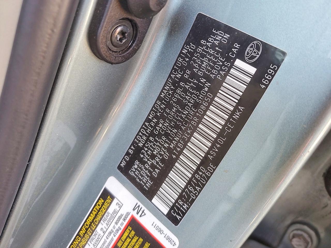 4T4BF3EK7BR108650 · 2011 TOYOTA CAMRY · 12/12