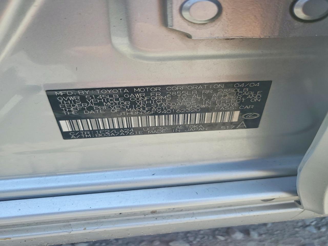 JTHBN36F940162320 · 2004 LEXUS LS · 12/12