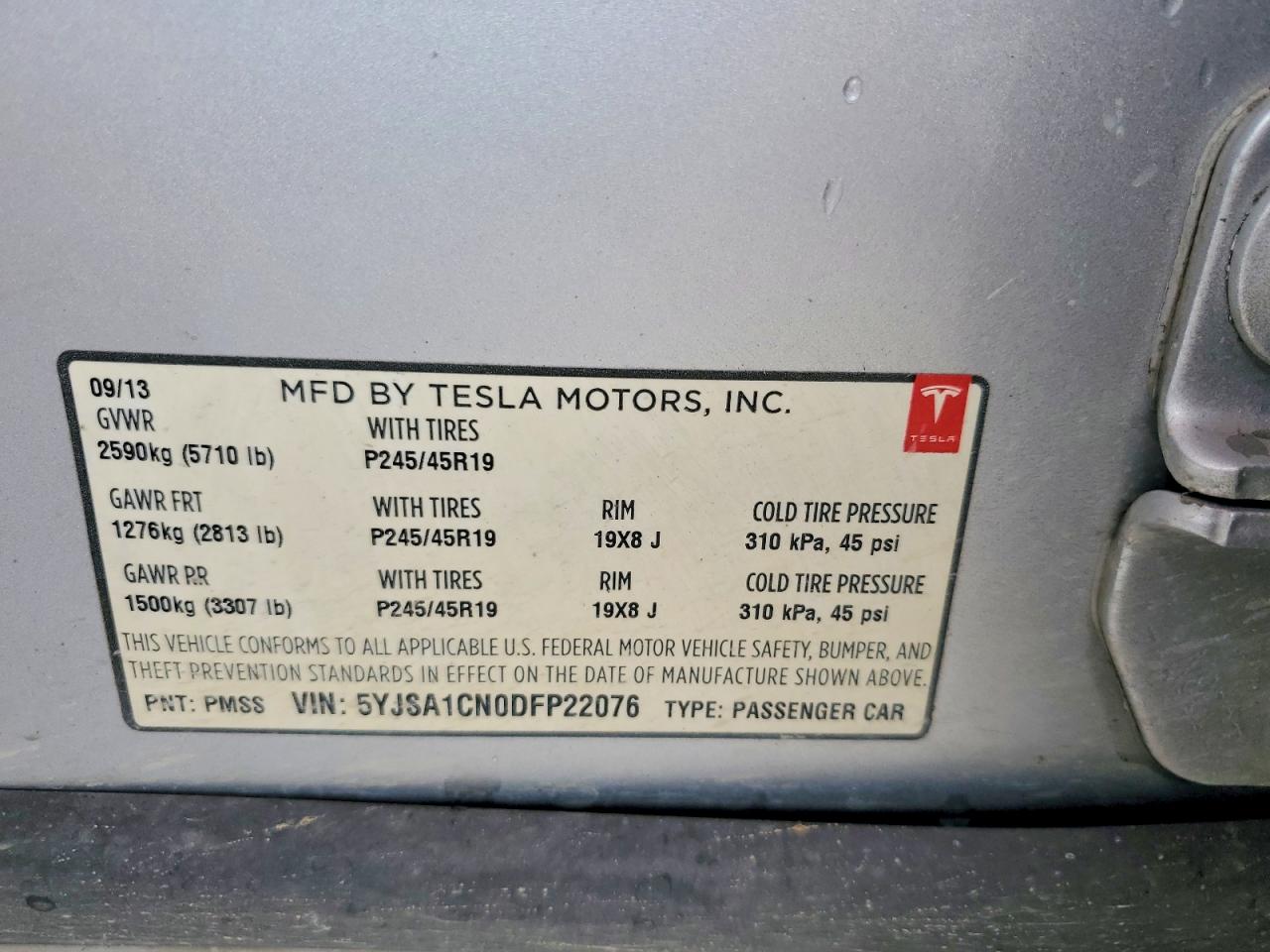 5YJSA1CN0DFP22076 · 2013 TESLA MODEL S · 12/12