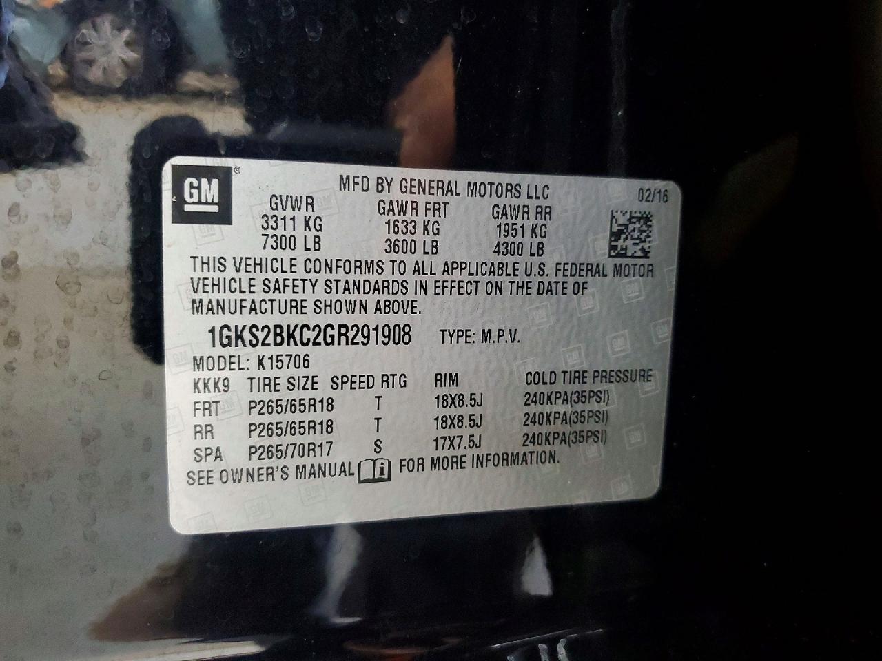 1GKS2BKC2GR291908 · 2016 GMC YUKON · 12/12