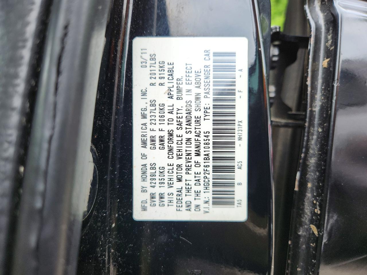 1HGCP2F61BA108545 · 2011 HONDA ACCORD · 12/12