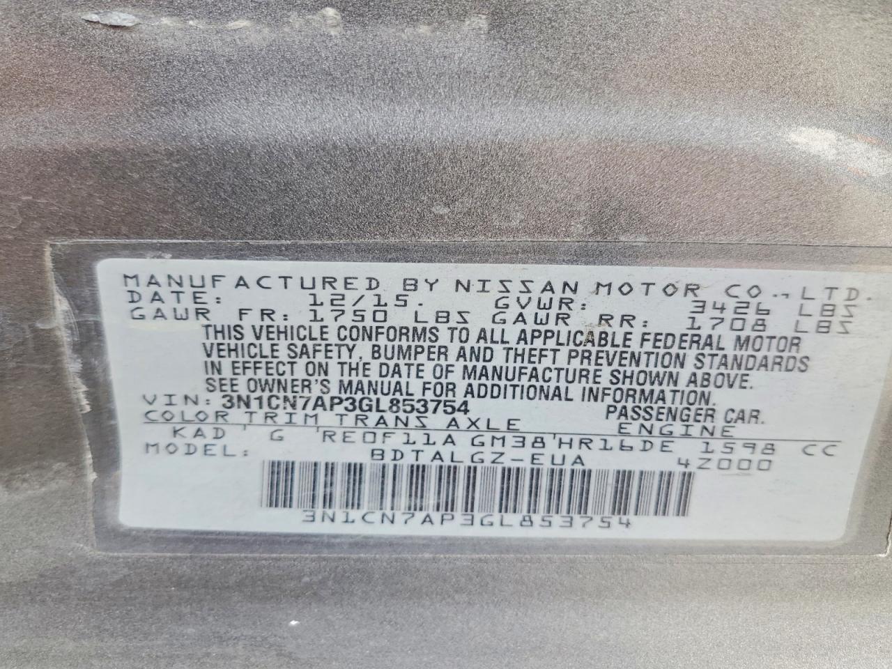 3N1CN7AP3GL853754 · 2016 NISSAN VERSA · 12/12