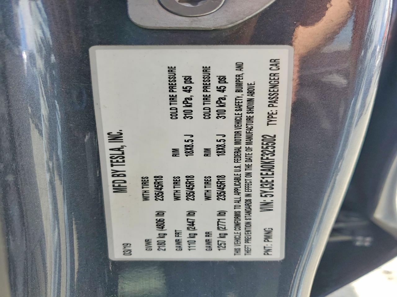 5YJ3E1EA0KF325502 · 2019 TESLA MODEL 3 · 12/12