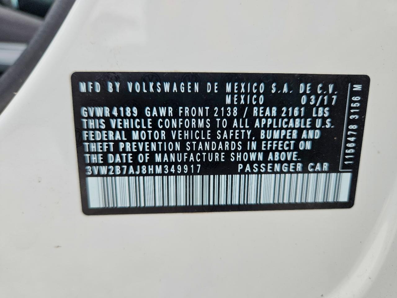 3VW2B7AJ8HM349917 · 2017 VOLKSWAGEN JETTA · 12/12