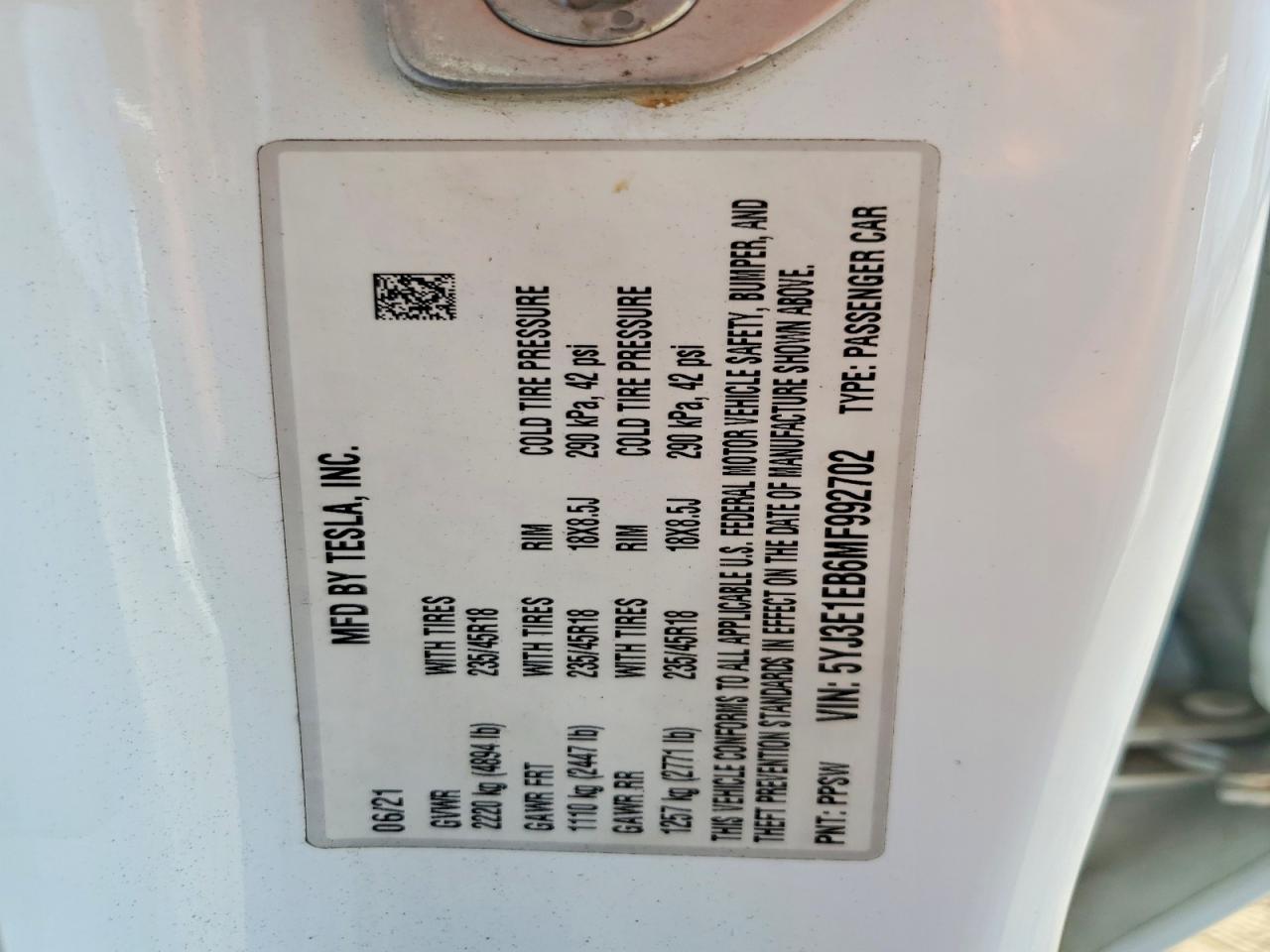 5YJ3E1EB6MF992702 · 2021 TESLA MODEL 3 · 12/12