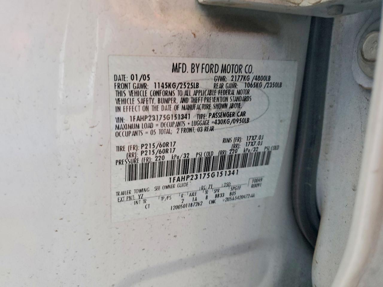 1FAHP23175G151341 · 2005 FORD FIVE HUNDRED · 12/12