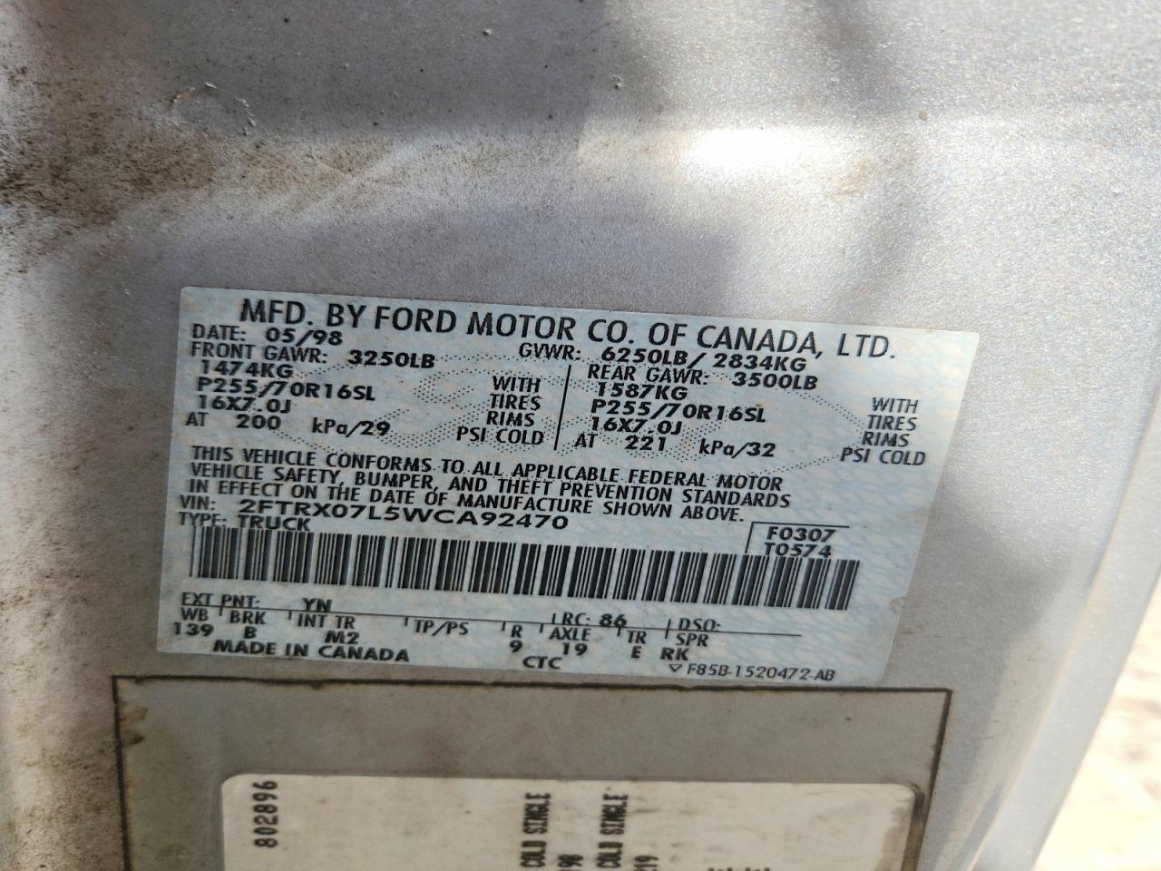 2FTRX07L5WCA92470 · 1998 FORD F150 · 12/12