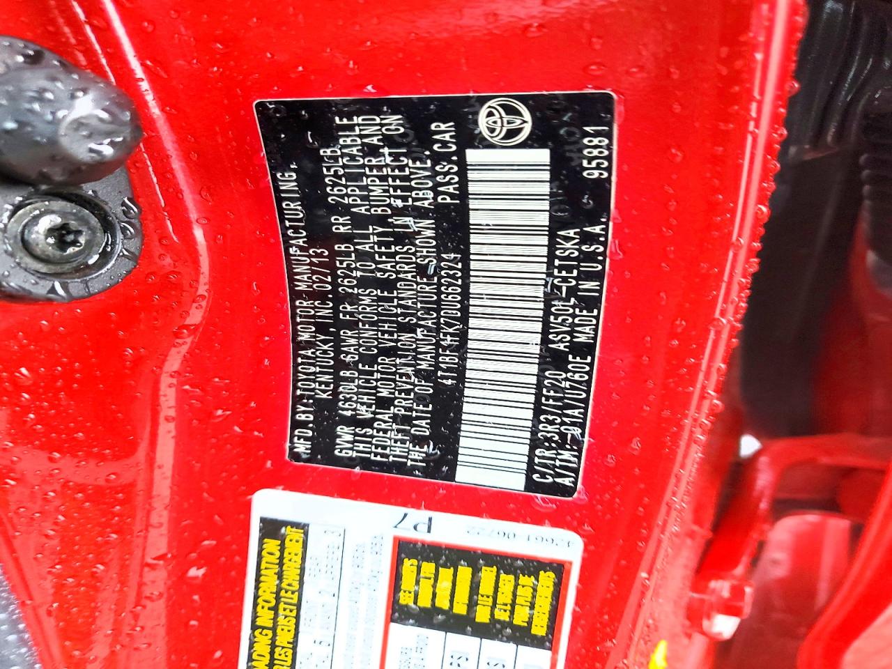 4T1BF1FK7DU662321 · 2013 TOYOTA CAMRY · 12/12