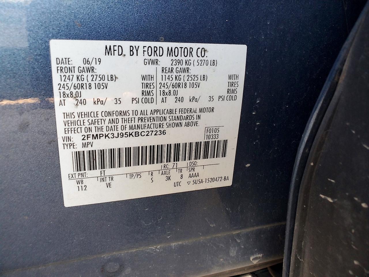 2FMPK3J95KBC27236 · 2019 FORD EDGE · 12/12