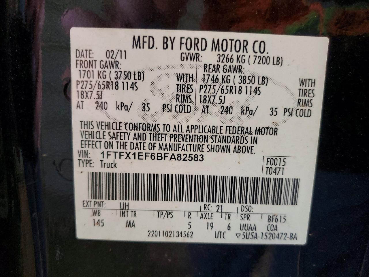 1FTFX1EF6BFA82583 · 2011 FORD F150 · 12/12