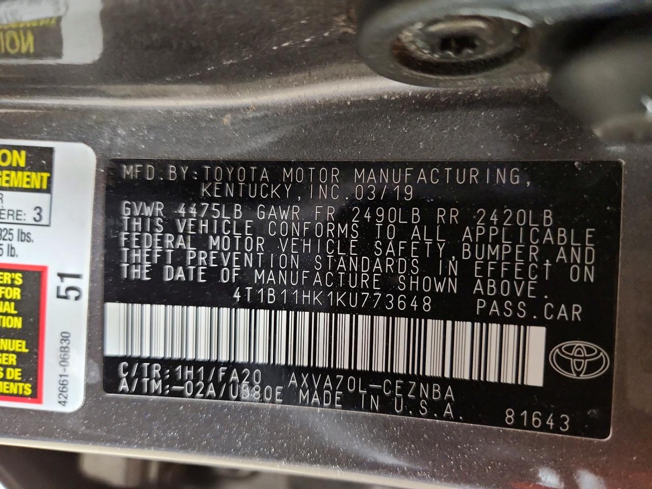 4T1B11HK1KU773648 · 2019 TOYOTA CAMRY · 12/12