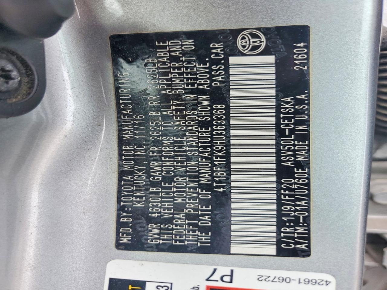 4T1BF1FK9HU363368 · 2017 TOYOTA CAMRY · 12/12