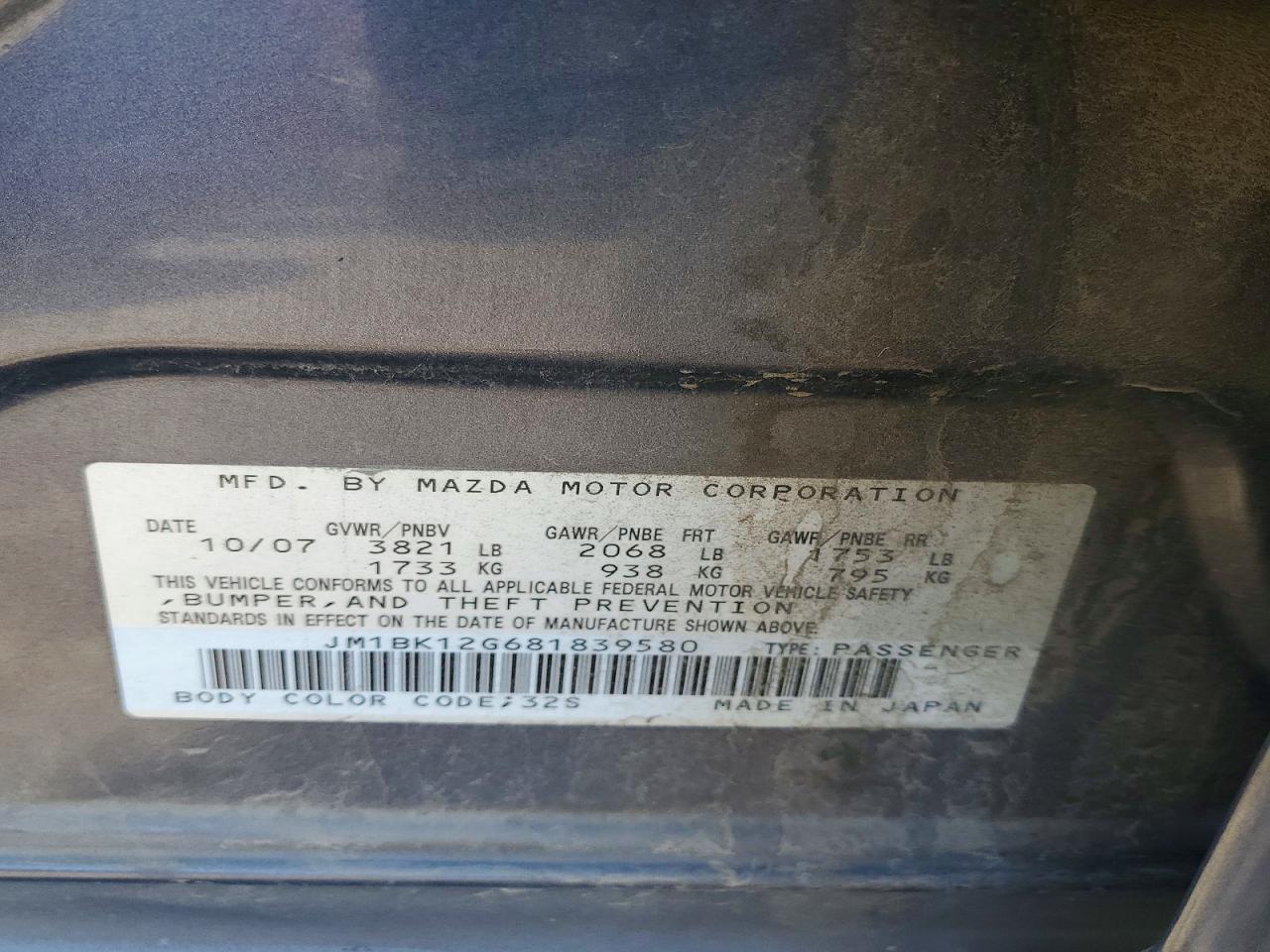 JM1BK12G681839580 · 2008 MAZDA 3 · 12/12