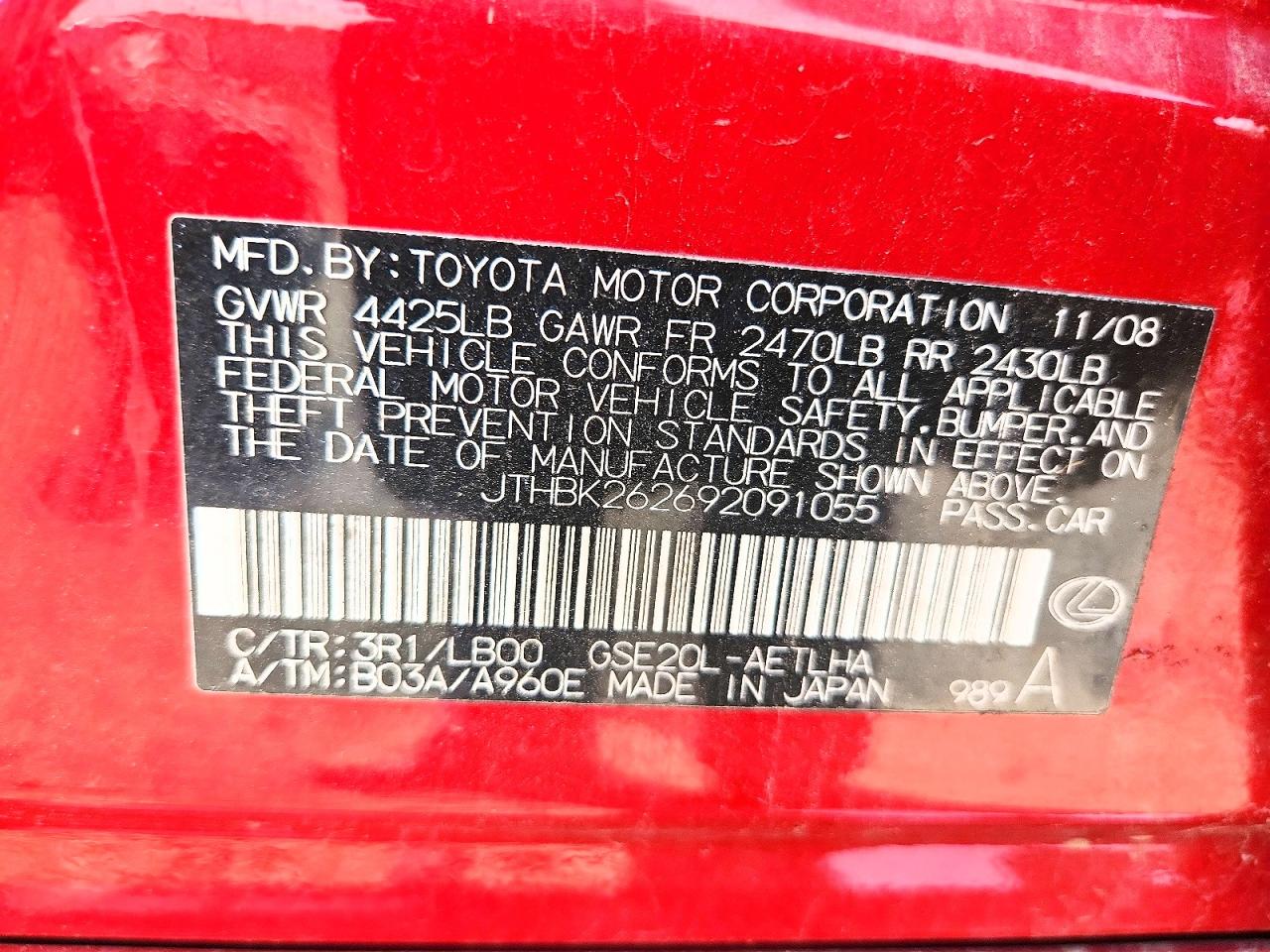 JTHBK262692091055 · 2009 LEXUS IS 250 · 12/12