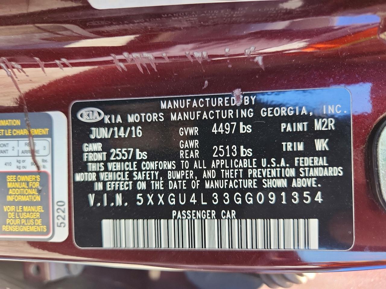 5XXGU4L33GG091354 · 2016 KIA OPTIMA · 12/12
