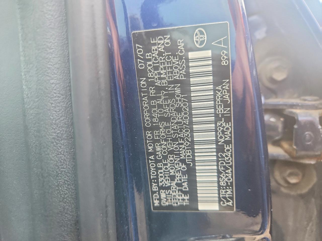 JTDBT923074002071 · 2007 TOYOTA YARIS · 12/12