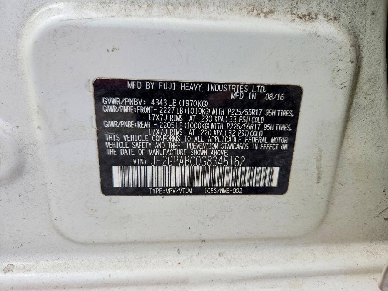 JF2GPABC0G8345162 · 2016 SUBARU CROSSTREK · 12/12