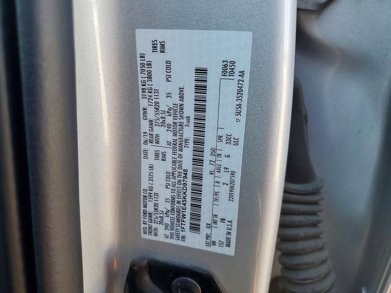 1FTFW1E45KKD97948 · 2019 FORD F150 · 12/12