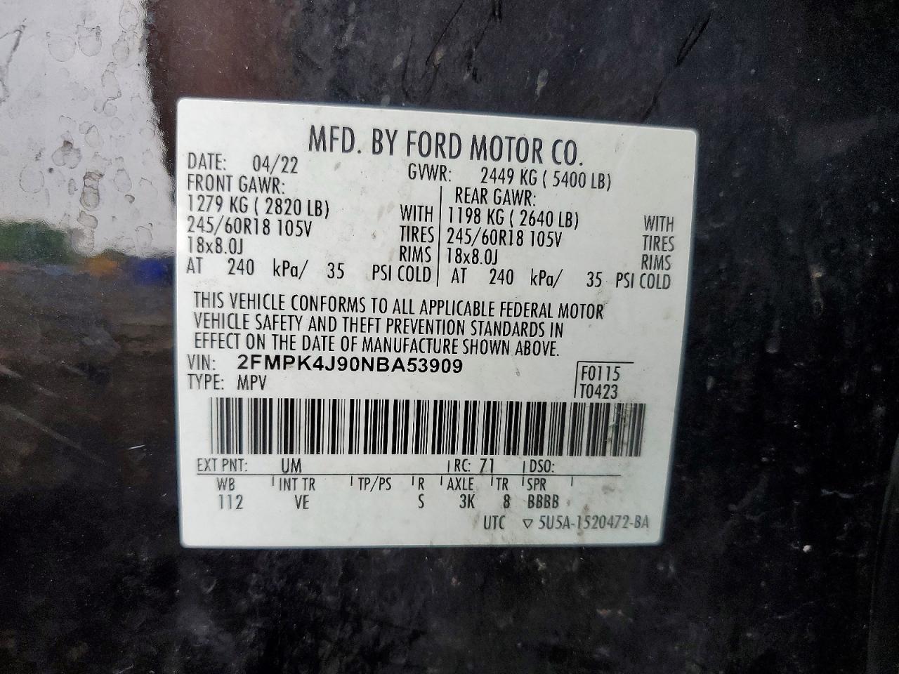 2FMPK4J90NBA53909 · 2022 FORD EDGE · 12/12