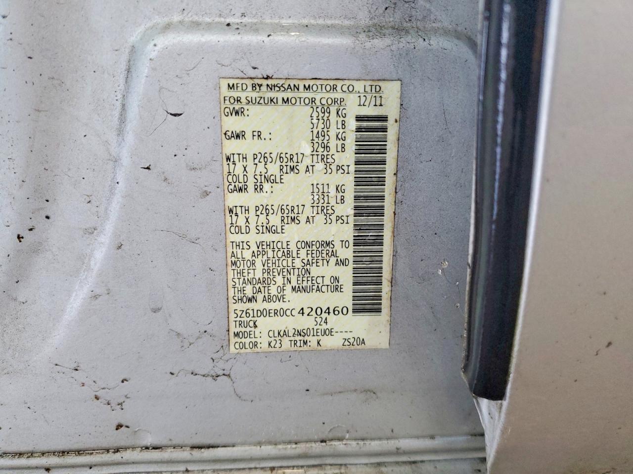 5Z61D0ER0CC420460 · 2012 SUZUKI EQUATOR · 12/12