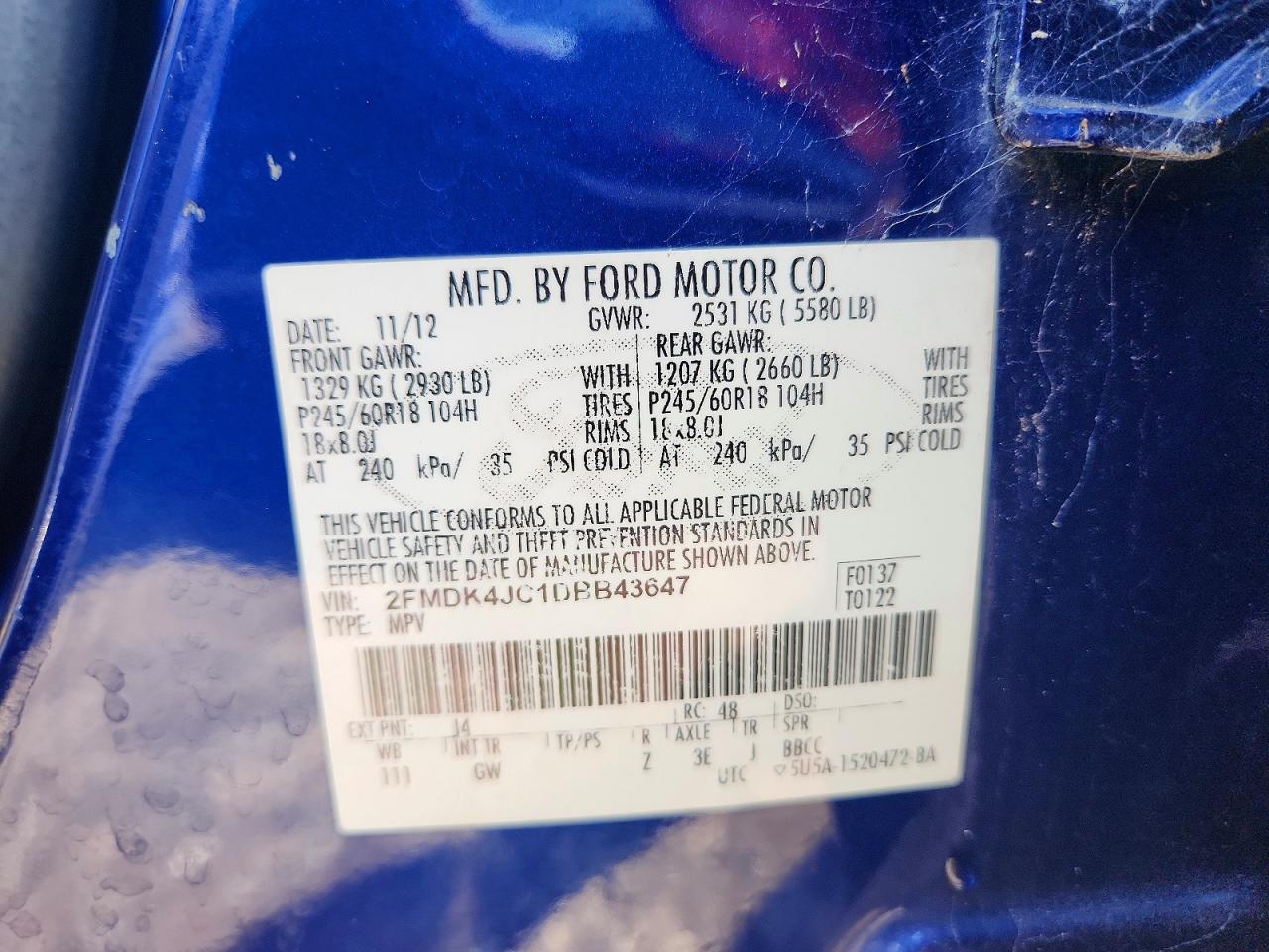 2FMDK4JC1DBB43647 · 2013 FORD EDGE · 12/12