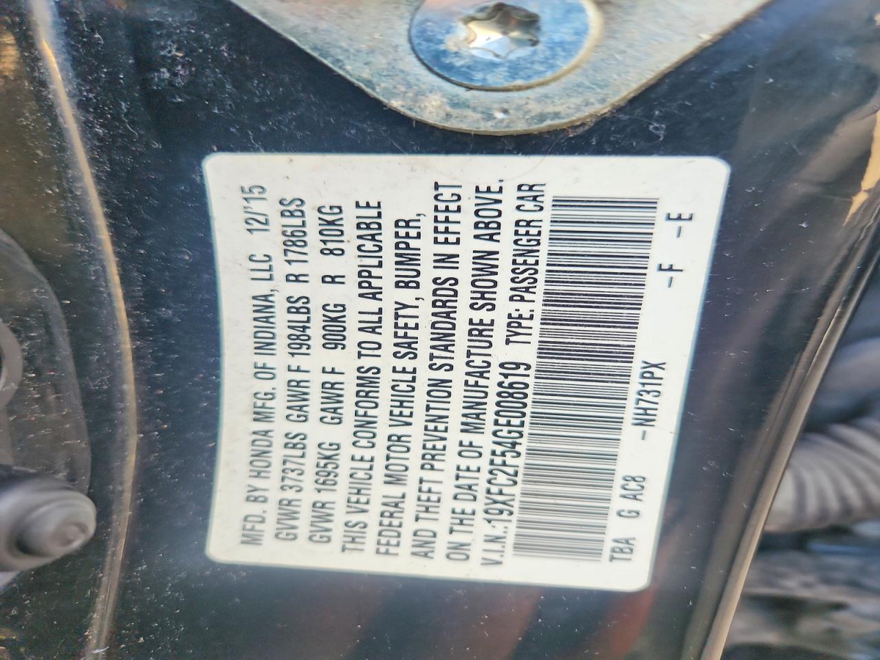 19XFC2F54GE008619 · 2016 HONDA CIVIC · 12/12