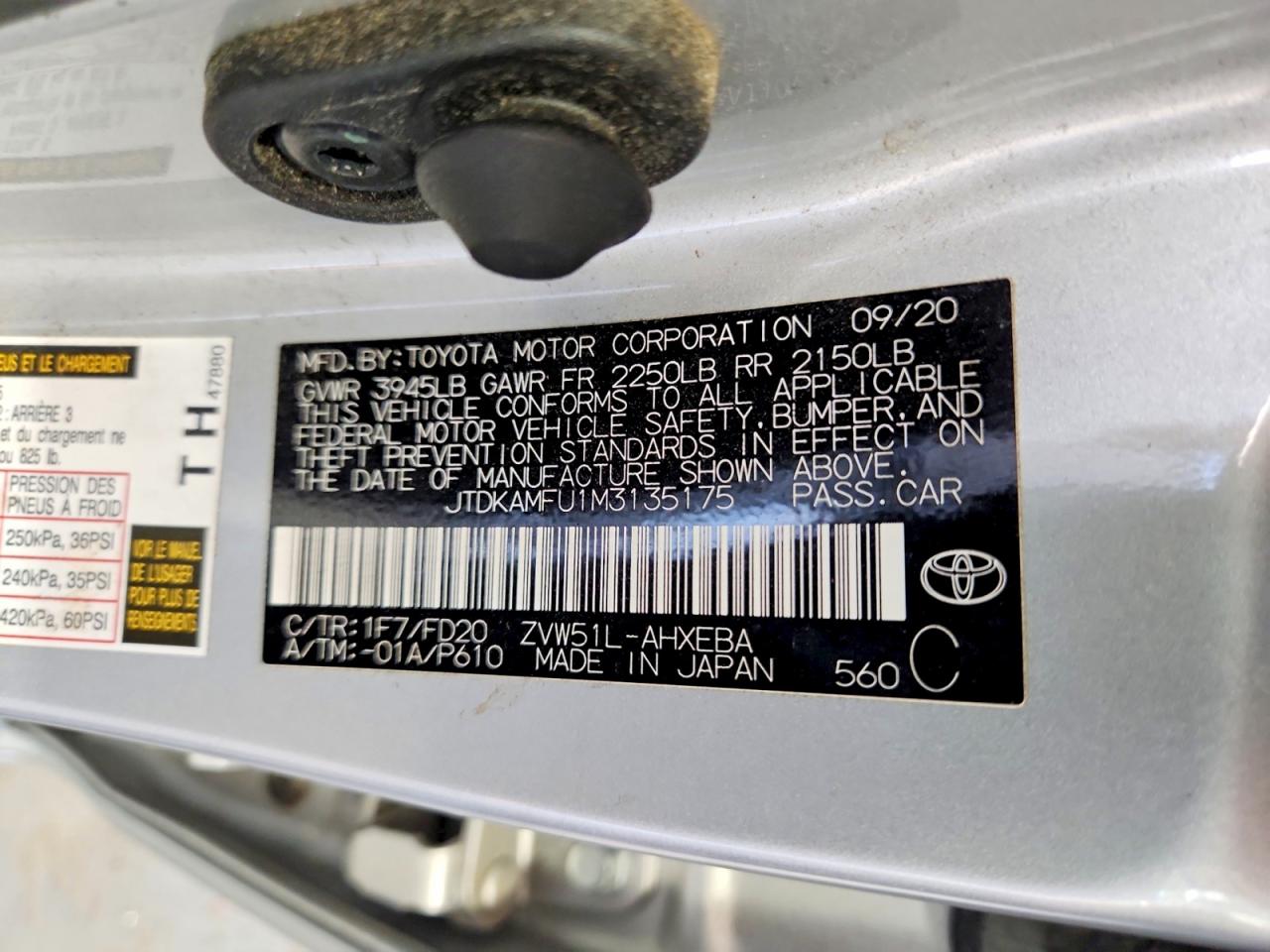JTDKAMFU1M3135175 · 2021 TOYOTA PRIUS · 12/12