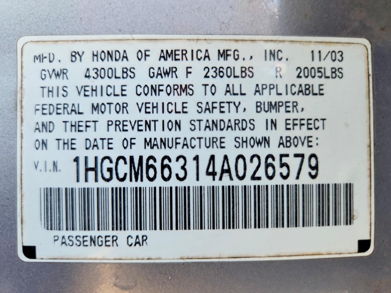 1HGCM66314A026579 · 2004 HONDA ACCORD · 12/12