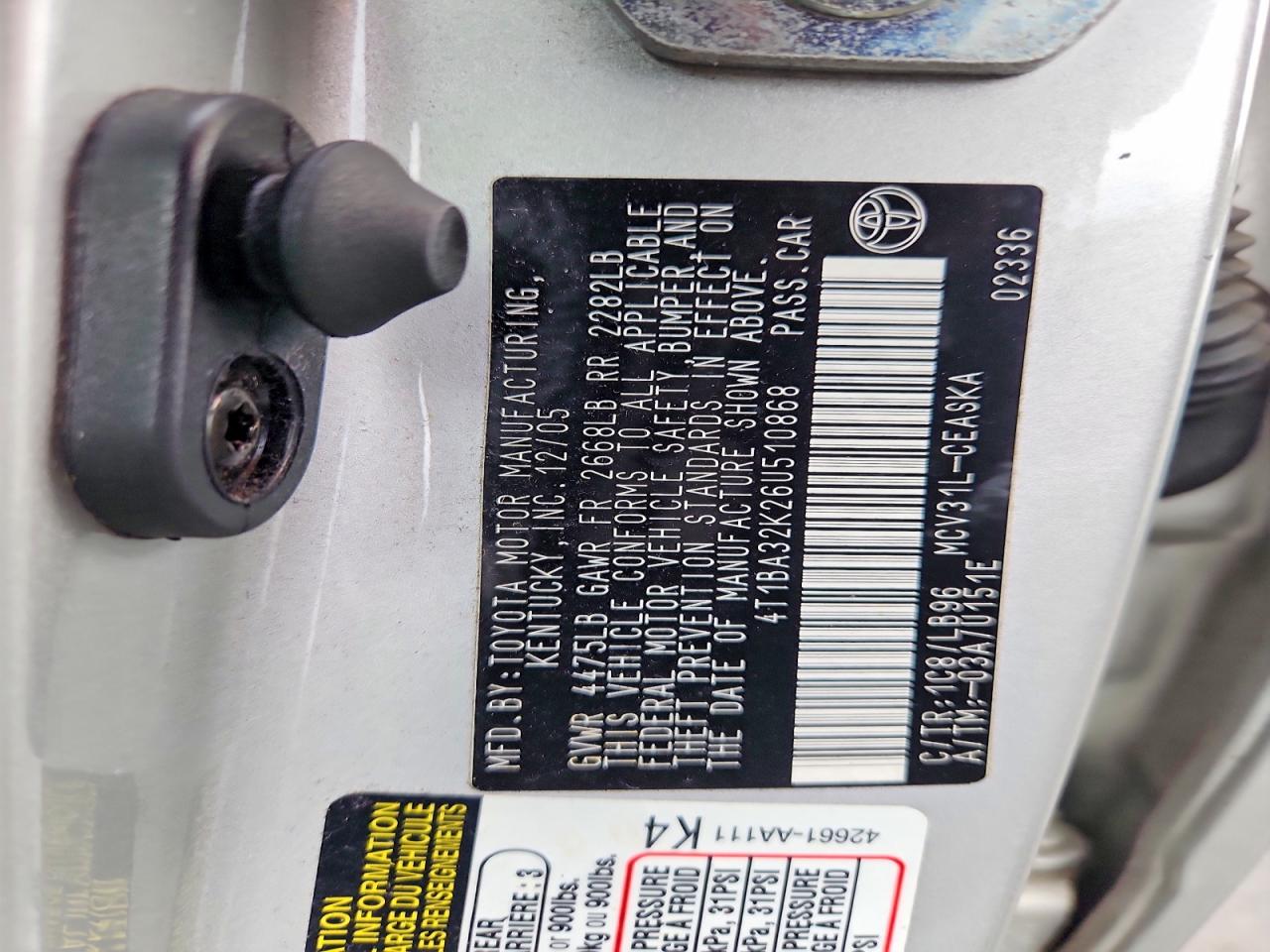 4T1BA32K26U510868 · 2006 TOYOTA CAMRY · 12/12
