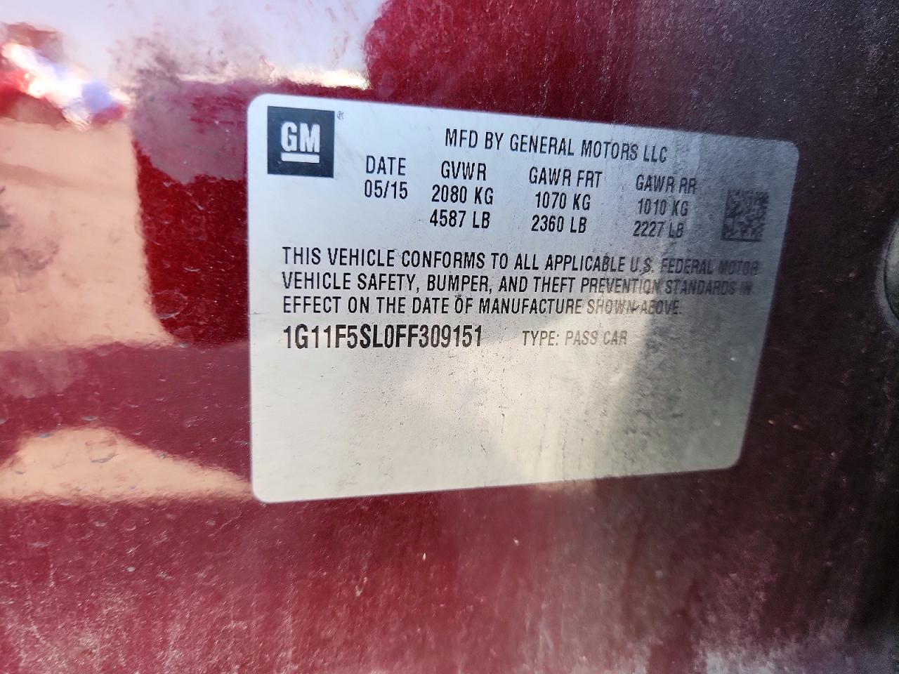 1G11F5SL0FF309151 · 2015 CHEVROLET MALIBU · 12/12