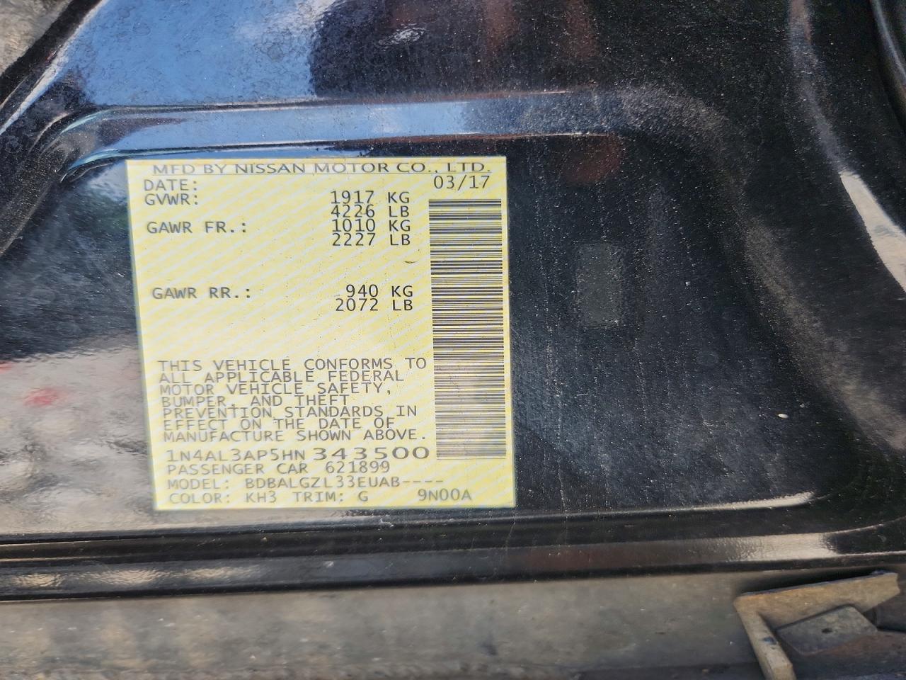 1N4AL3AP5HN343500 · 2017 NISSAN ALTIMA · 12/12