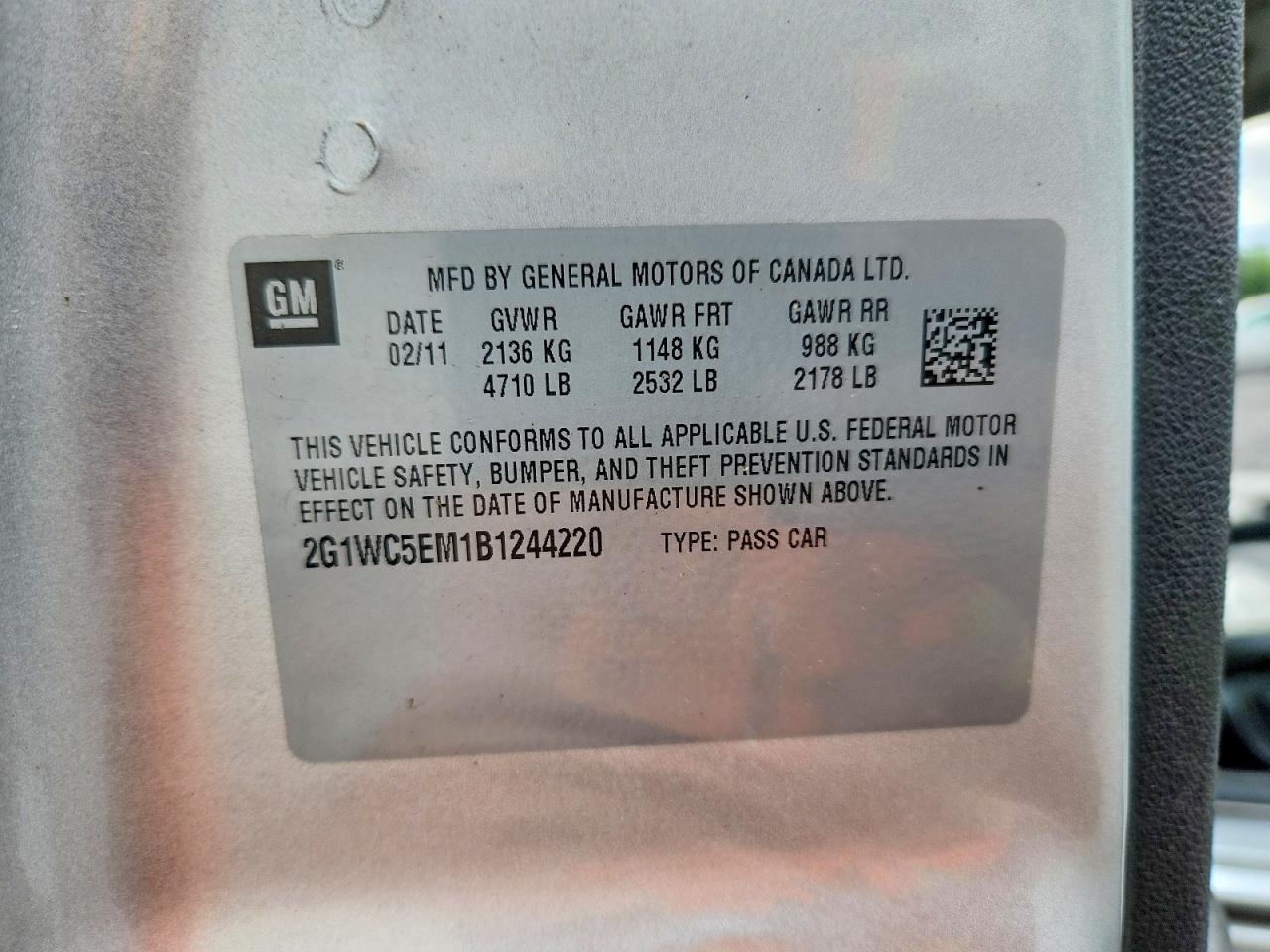 2G1WC5EM1B1244220 · 2011 CHEVROLET IMPALA · 12/12