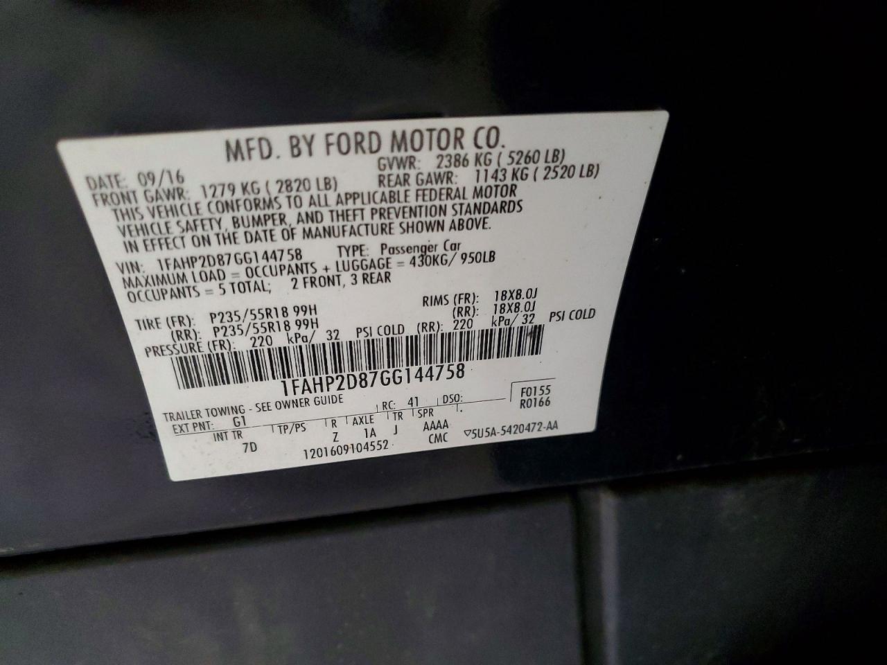 1FAHP2D87GG144758 · 2016 FORD TAURUS · 12/12