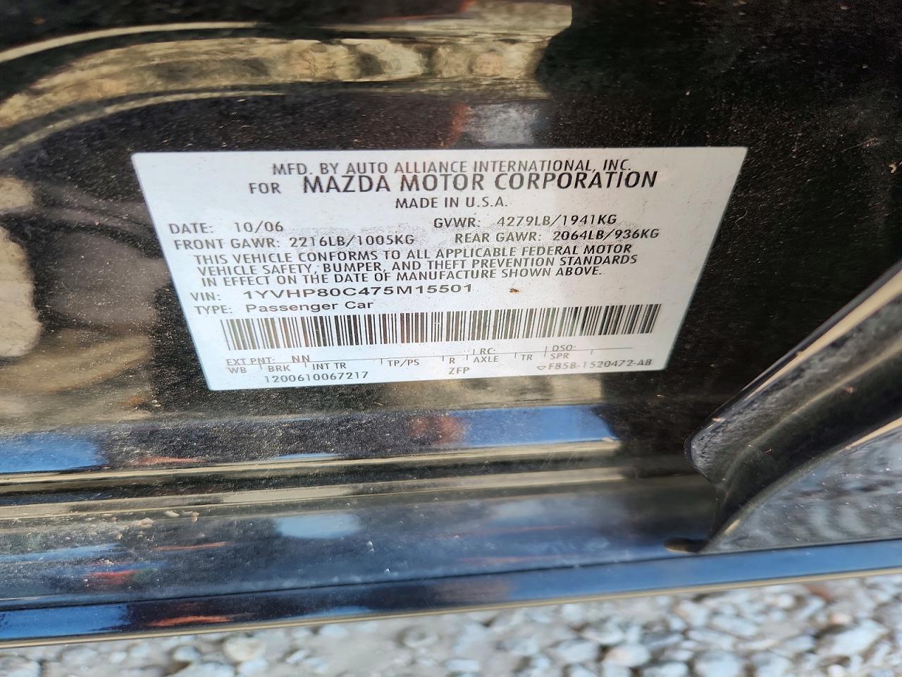 1YVHP80C475M15501 · 2007 MAZDA 6 · 12/12