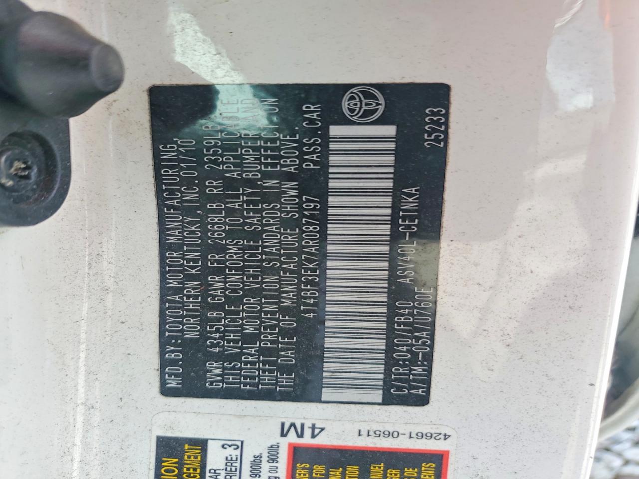 4T4BF3EK7AR087197 · 2010 TOYOTA CAMRY · 12/12